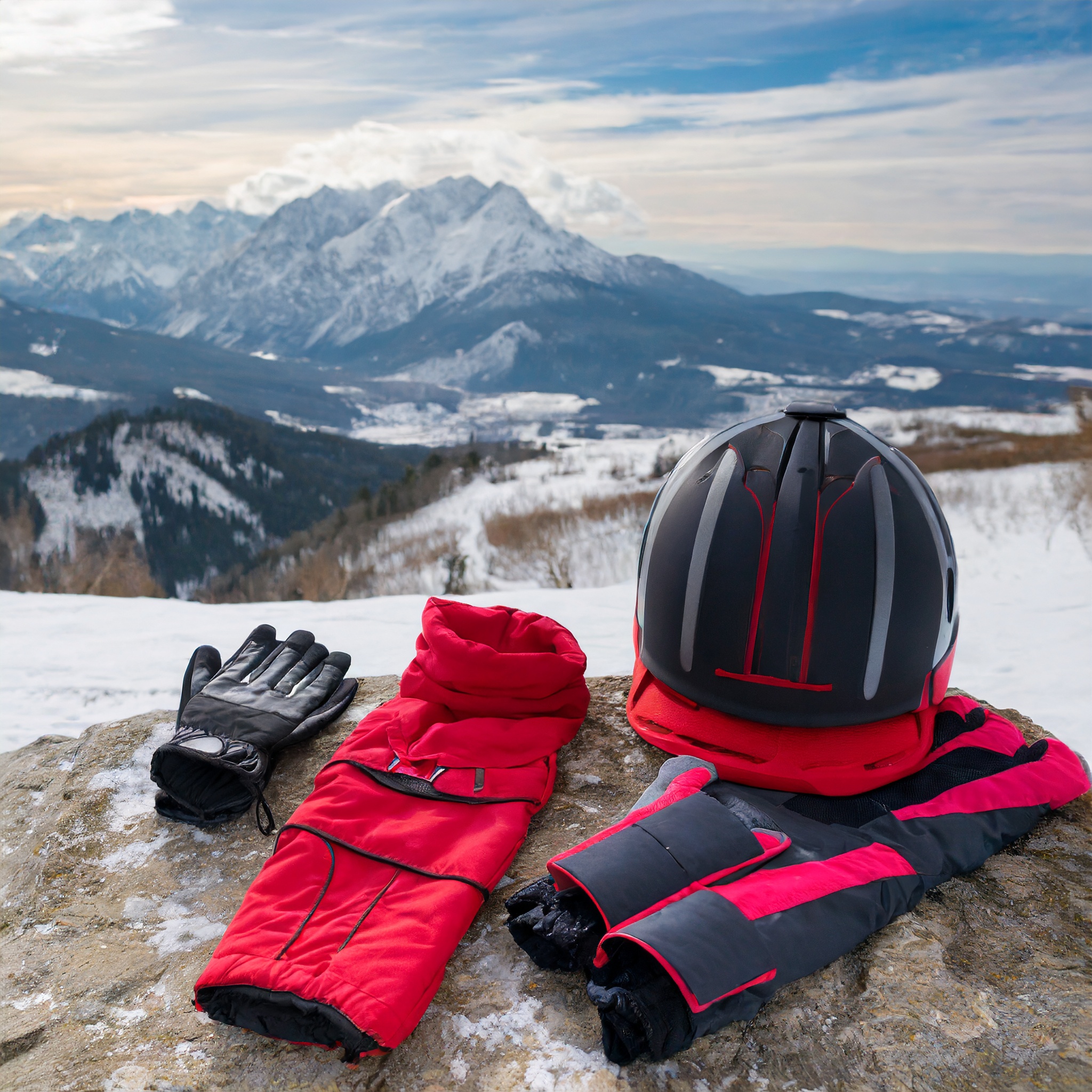 Firefly Picture of some winter training gear, gloves, coat and a hat with mountain view from above 2