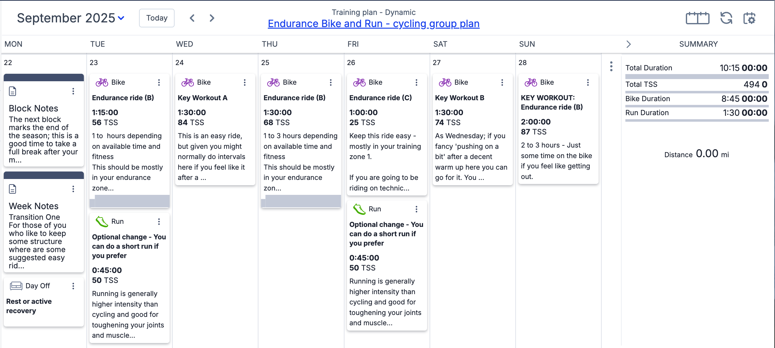 Sample off season week from our EBR Cycling Club plan