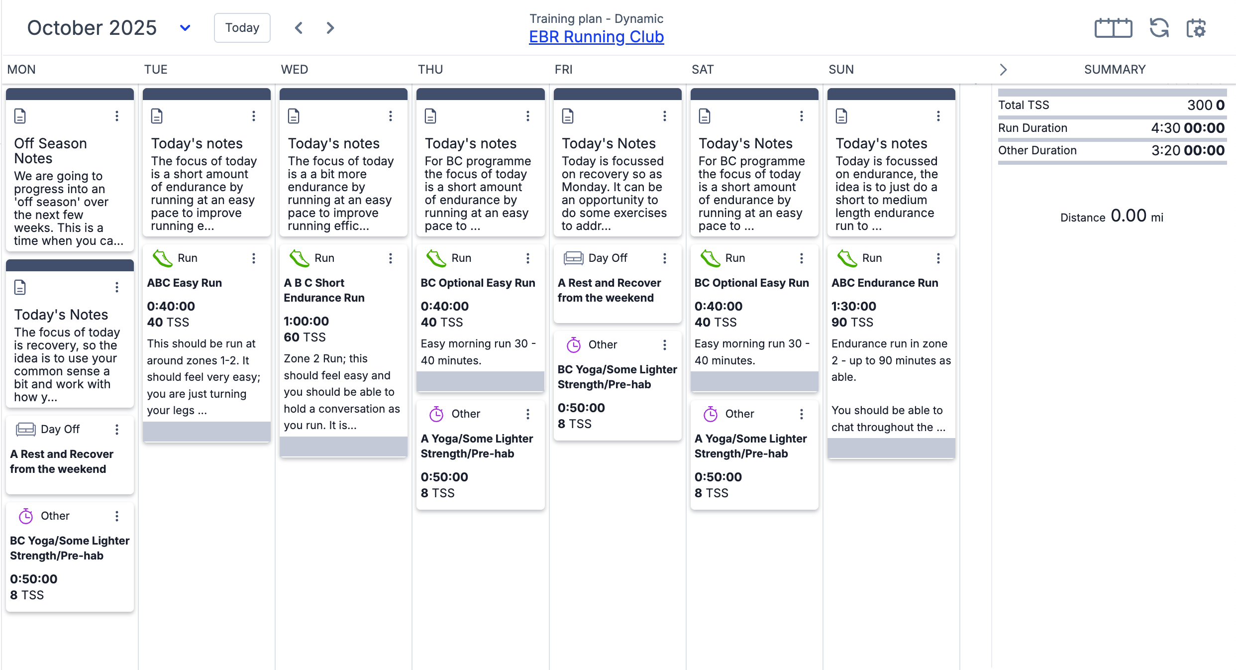 Sample off season week from our EBR Running Club Plan